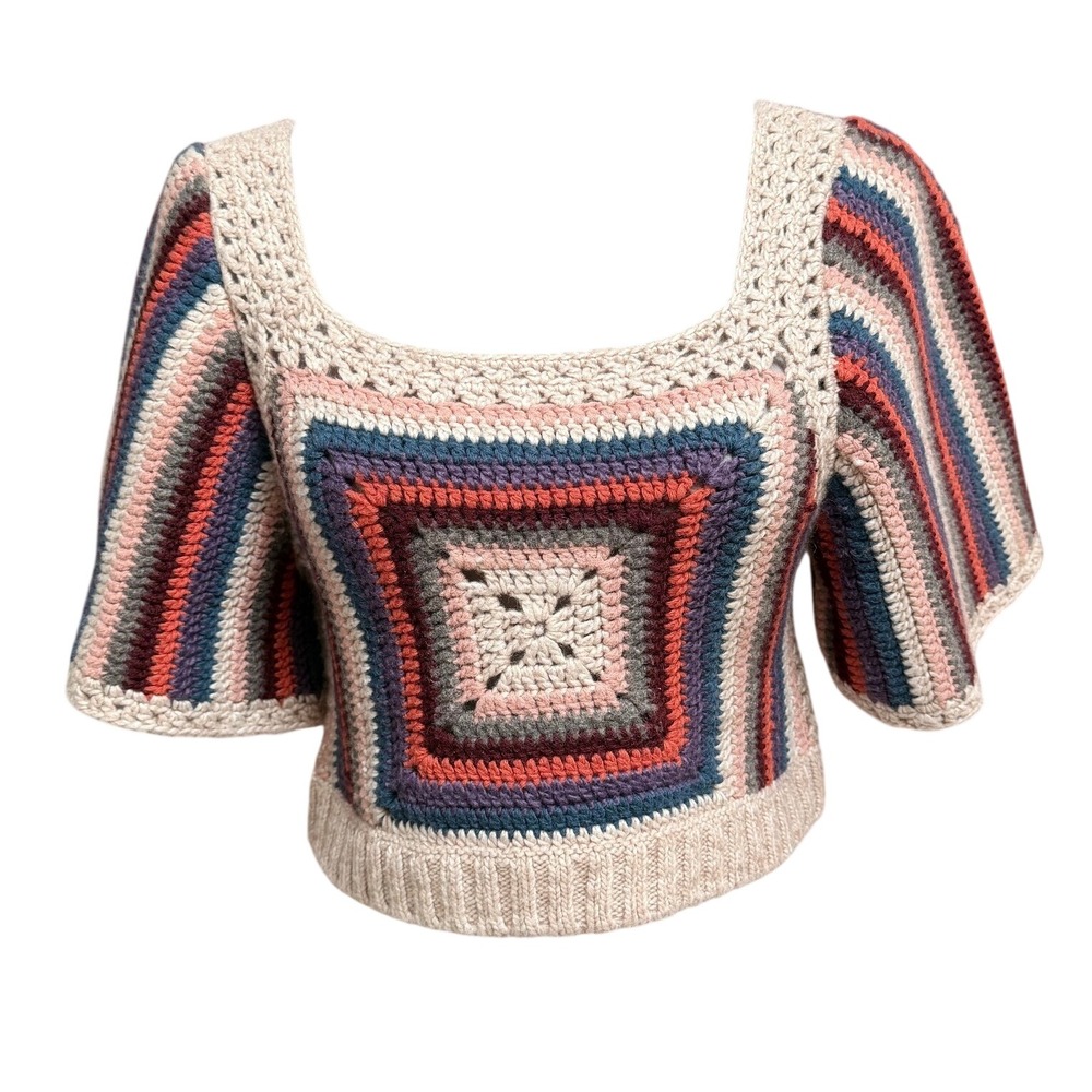 Sea New York Crochet Knit Granny Square Top Multi-Color Medium Wool Blend Short